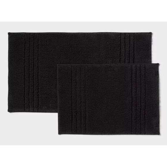 Threshold 2 Pc Solid Black Anti Skid Textured Bath Rug Set 17" x 24" & 20" x 34" - Picture 1 of 7